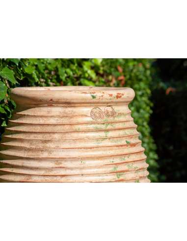 Olive shape striated Biot jar antique patina finish