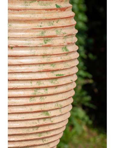 Olive shape striated Biot jar antique patina finish